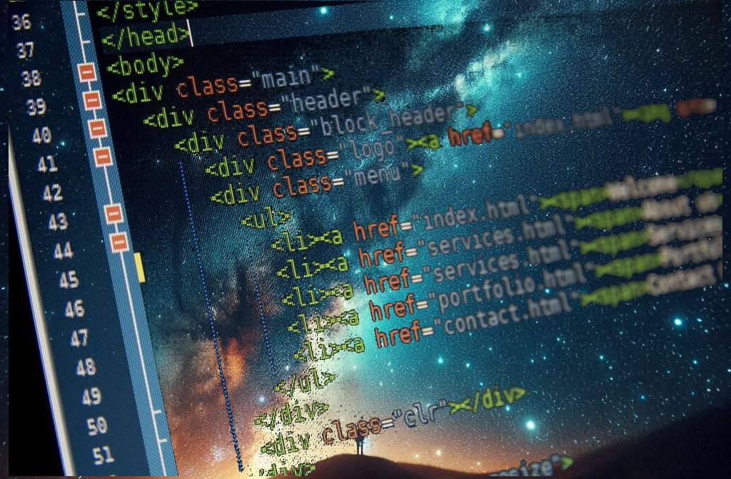 Imagem de código endentado html com espaço ao fundo, dando destaque aos sinais de maior e menor 