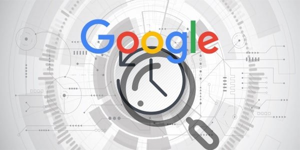 logo do Google, ícone de lupa e relógio com seta, com linhas e pontos