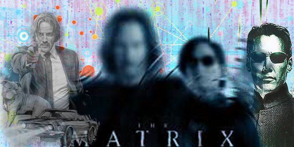 John Wick com seu carro e cachorro. Neo e Trinitity ofuscados do matrix resurrection e imagem clássica do Neo.