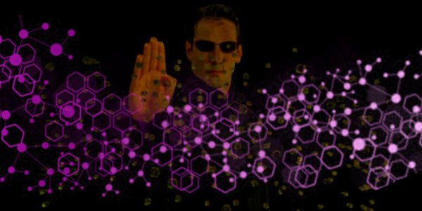 Neo segurando as balas com a mente, com linhas e pontos na frente. Para representar a ligação entre Neo e Sócrates.