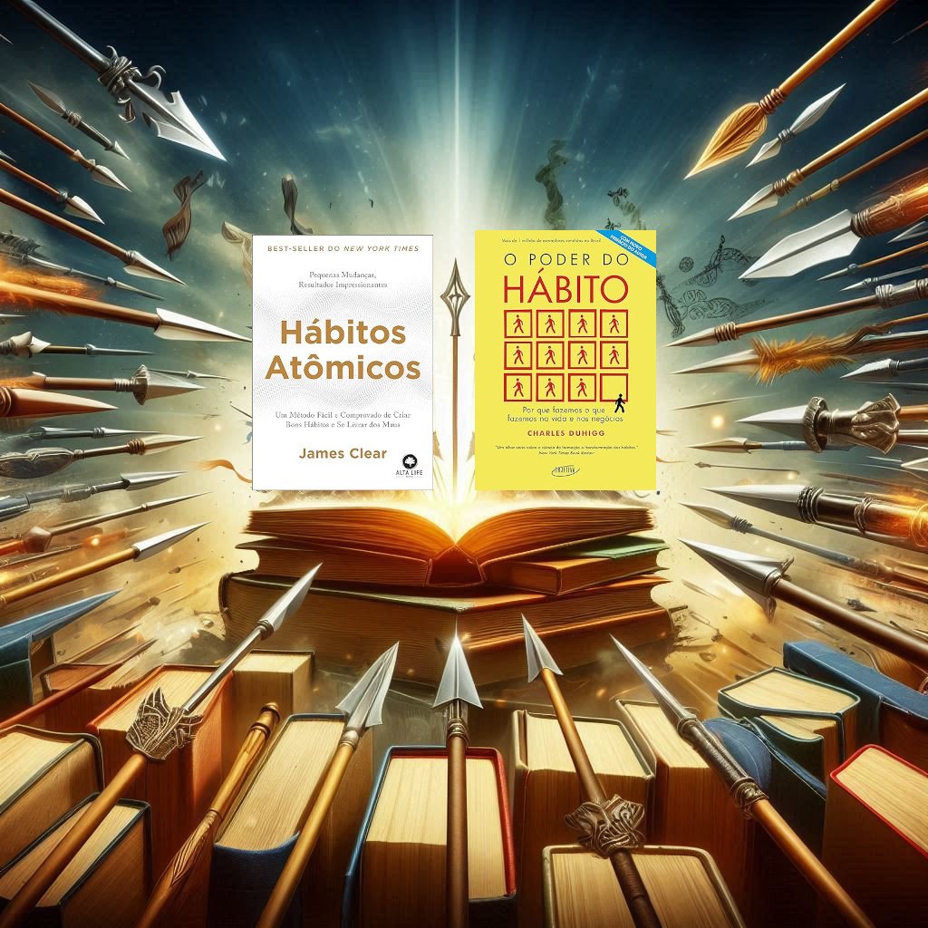 Imagem com livros armados de lanças apontando para a capa do habitos atomicos e poder dos habitos