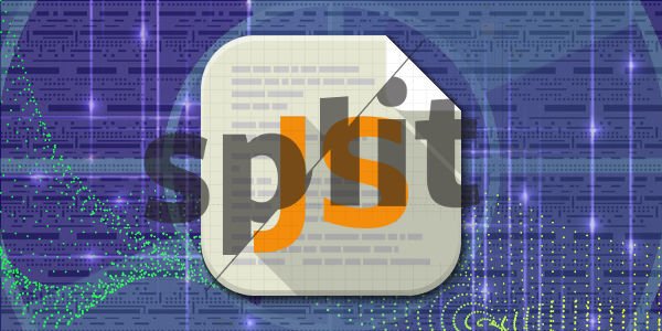 logo JS, palavra split cortada sobreposta, pontos e linhas ao fundo